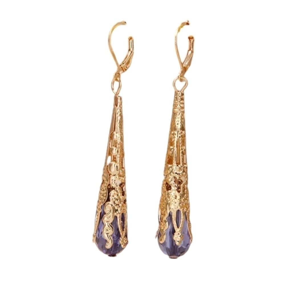 Gold Plated Blue/Purple Elongated Turkish Earrings